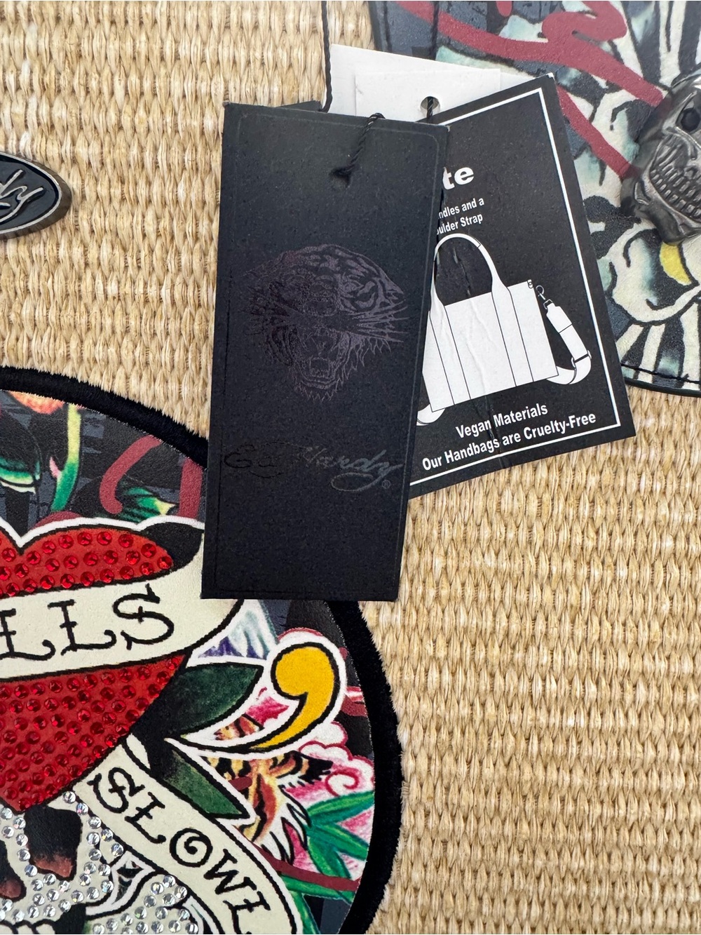 Ed Hardy NWT Love Kills Slowly Straw Tote Bag Tiger Koi Skull Crossbody - Picture 10 of 15